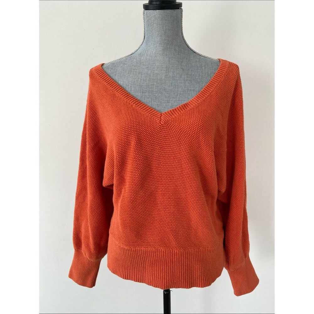 By Anthropologie Orange V-Neck Cotton Textured Knit Sweater M Coastal Chic Beach
